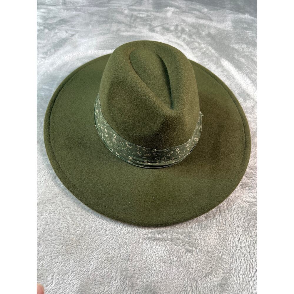 Olive Green Boho Wide Brim Hat Structured Crown Floral Band Western - Picture 5 of 6